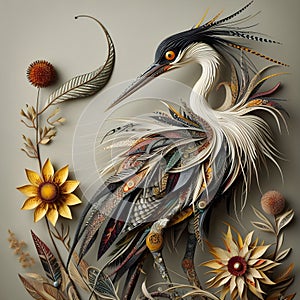 A stork that has been meticulously created from a variety of materials.