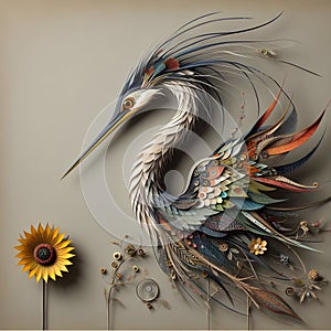 A stork that has been meticulously created from a variety of materials.