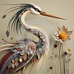 A stork that has been meticulously created from a variety of materials. photo