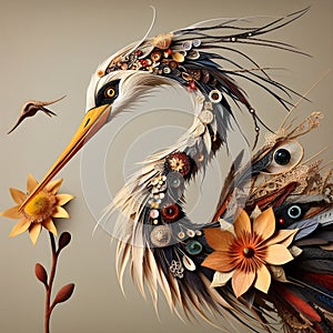 A stork that has been meticulously created from a variety of materials. photo