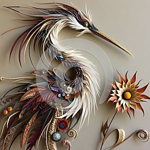 A stork that has been meticulously created from a variety of materials. photo