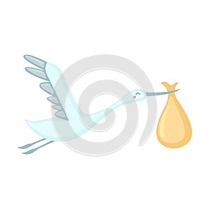 Stork icon delivering a newborn baby in flat style isolated on white background