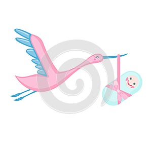 Stork icon delivering a newborn baby girl in flat style isolated on white background