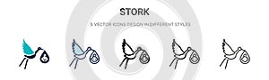 Stork icon in filled, thin line, outline and stroke style. Vector illustration of two colored and black stork vector icons designs