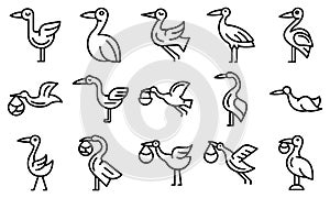 Stork icons set, outline style