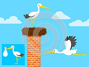 Stork in nest on chimney and flying