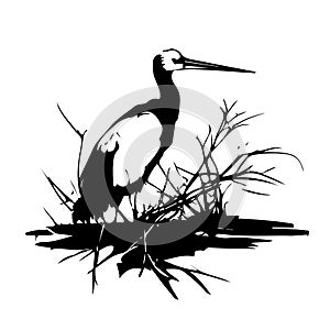 Stork on the nest. Good for tattoo. Editable vector monochrome image with high details isolated on white