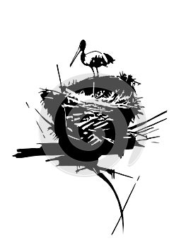 Stork on the nest. Good for tattoo. Editable vector monochrome image with high details isolated on white