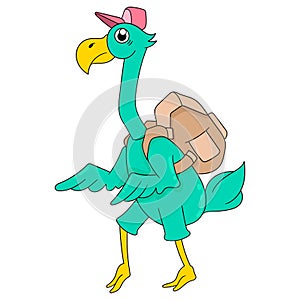 The stork is walking carrying a large backpack while distributing letters, doodle icon image kawaii