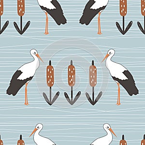 Storks and reeds seamless vector pattern. Stylized folk background