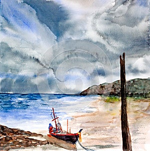 Storm above seascape watercolor painted