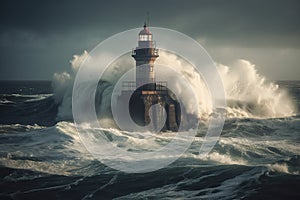 Storm with big waves over the lighthouse at the ocean created by generative AI