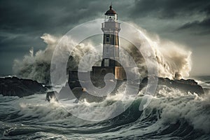 Storm with big waves over the lighthouse at the ocean created by generative AI