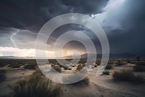 storm brewing over desert, with dramatic lightning strikes and roiling clouds