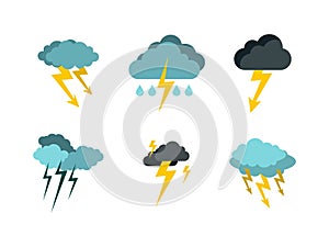 Storm cloud bolt icon set, flat style