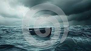 storm clouds gather above a turbulent ocean, where a lone boat battles the raging waters in a breathtaking display of photo