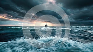 storm clouds gather above a turbulent ocean, where a lone boat battles the raging waters in a breathtaking display of photo