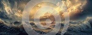 storm clouds gather above a turbulent ocean, where a lone boat battles the raging waters in a breathtaking display of photo