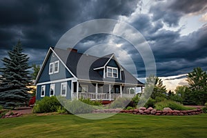 storm clouds gathering over a gambrel roofed house photo