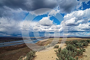 Storm clouds hover over the Columbia River in the Saddle Mountain National Wildlife Refuge, Washington, USA