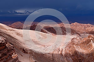 Storm clouds in the landscape of the Atacama Desert. The rocks of the Mars Valley Valle de Marte and Cordillera de la Sal, photo