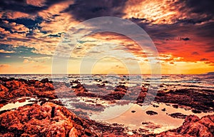 Storm clouds and lightning over the sea. Martian landscape