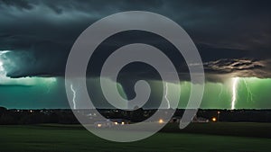 storm clouds over the city lightening large tornado in the center of a dark sky with clouds and lightning on a green background