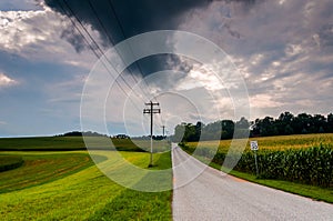 Storm clouds over a country road in York County, Pennsylvania.