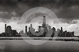 Storm Clouds over Lower Manhattan skyscrapers in Black & White. New York City