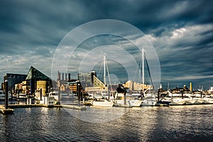 Storm clouds over a marina at the Inner Harbor, Baltimore, Maryland.