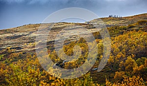 Storm clouds over the tundra in autumn. Kola Peninsula, Russia