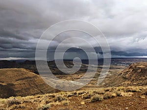 Storm clouds over Wyoming desert.