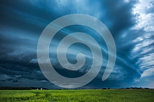 Storm clouds with shelf cloud and intense rain