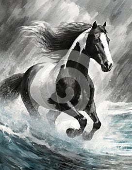 Storm Clydesdale: A Majestic Digital Illustration Of A Black And White Horse