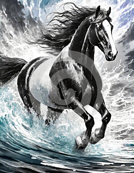 Storm Clydesdale: A Majestic Digital Illustration Of A Black And White Horse