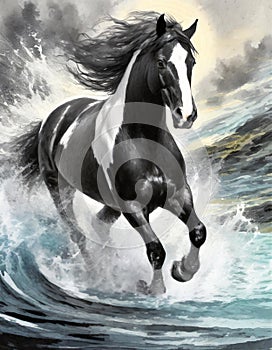 Storm Clydesdale: A Majestic Digital Illustration Of A Black And White Horse