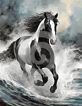 Storm Clydesdale: A Majestic Digital Illustration Of A Black And White Horse