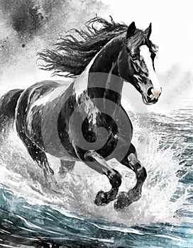 Storm Clydesdale: A Majestic Digital Illustration Of A Black And White Horse