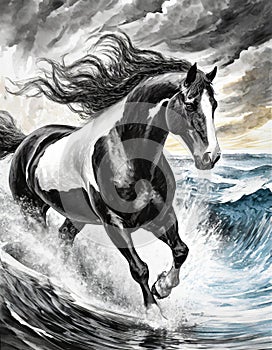 Storm Clydesdale: A Majestic Digital Illustration Of A Black And White Horse