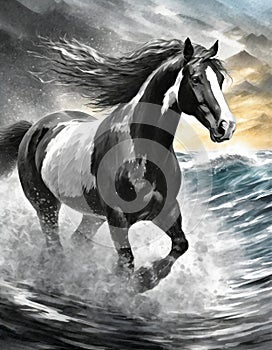 Storm Clydesdale: A Majestic Digital Illustration Of A Black And White Horse