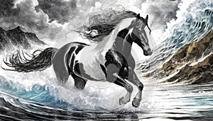 Storm Clydesdale: A Majestic Digital Illustration Of A Black And White Horse