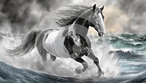 Storm Clydesdale: A Majestic Digital Illustration Of A Black And White Horse