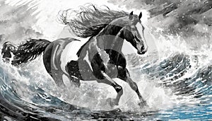 Storm Clydesdale: A Majestic Digital Illustration Of A Black And White Horse