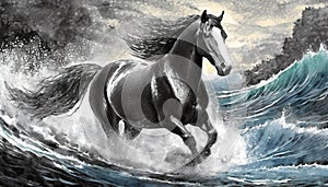 Storm Clydesdale: A Majestic Digital Illustration Of A Black And White Horse