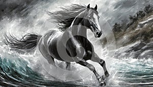 Storm Clydesdale: A Majestic Digital Illustration Of A Black And White Horse