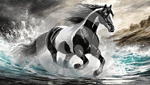 Storm Clydesdale: A Majestic Digital Illustration Of A Black And White Horse