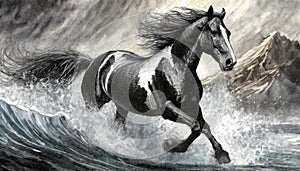 Storm Clydesdale: A Majestic Digital Illustration Of A Black And White Horse