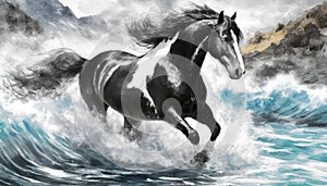 Storm Clydesdale: A Majestic Digital Illustration Of A Black And White Horse