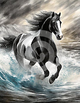 Storm Clydesdale: A Majestic Digital Illustration Of A Black And White Horse