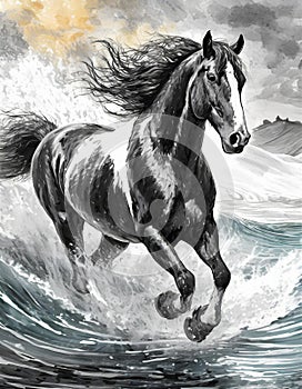 Storm Clydesdale: A Majestic Digital Illustration Of A Black And White Horse